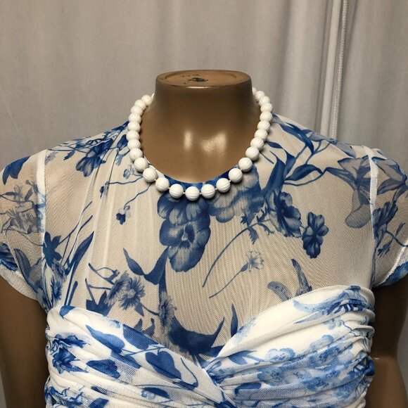 Vicky Tiel Ruched Floral Dress Womens Size Medium Blue White Sweetheart Cocktail - Picture 2 of 10